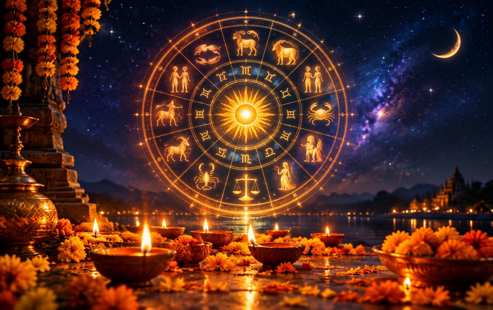 Golden zodiac wheel above lit diyas