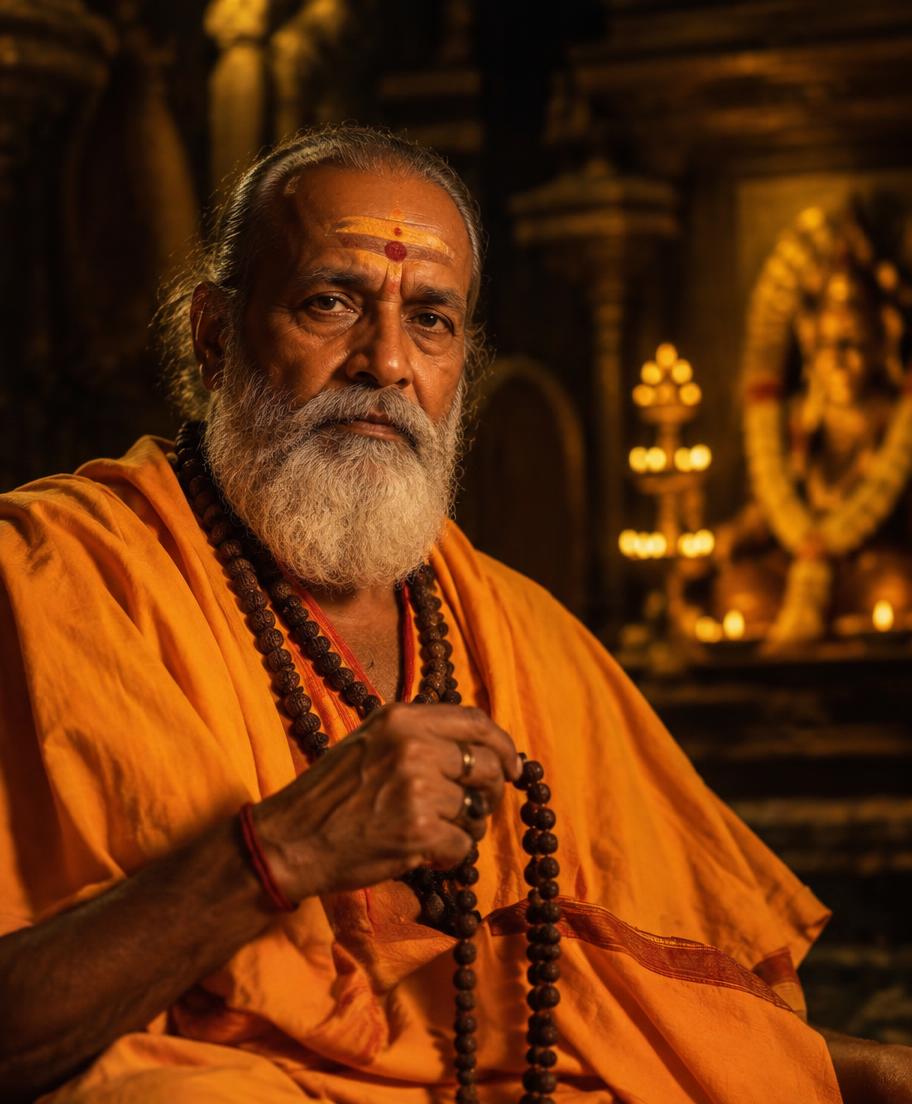 Portrait of Master Adiyogi, spiritual healer and astrologer, in a candlelit setting